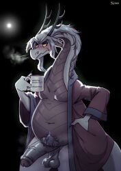 2026 anthro balls big_penis blush clothing coffee_mug doronkomajo dragon eastern_dragon elderly_male fafnir_(little_witch_academia) genitals grey_body hand_in_pocket hi_res horn little_witch_academia male mythological_creature mythological_scalie mythology penis pockets pubes red_eyes robe scalie slightly_chubby solo studio_trigger wide_hips