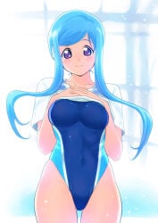 izumi_koumi female_only female solo looking_at_viewer sidelocks long_hair purple_eyes blue_hair blush swimsuit pool one-piece_swimsuit medium_breasts blue_swimsuit t-shirt wide_hips thigh_gap shirt_lift shy embarrassed tetsudou_musume kuroganehompo