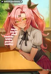 b34sty_0 patreon ai_generated watermark zenless_zone_zero zzz nicole_demara pink_hair hair eyes long_hair green_eyes twintails breasts medium_breasts hair_ornament glowing_eyes looking_at_viewer staring_at_viewer :3 smile blush sitting sitting_on_chair hand_on_cheek breasts_against_table breasts_on_table schoolgirl school_uniform schoolgirl_uniform white_shirt bow_tie black_bow_tie skirt red_skirt 1girl 1girls school_desk table chair window indoors classroom