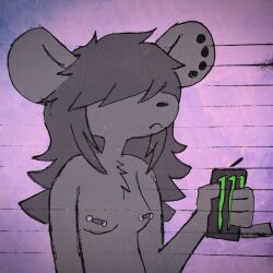 anthro barbell_piercing beverage_can black_nose can clothed clothing container critteremitter digital_media_(artwork) digital_painting_(artwork) ear_piercing ear_stud female frown fur gesture grey_body grey_fur grey_hair hair hair_over_eyes hi_res holding_can holding_container holding_object humanoid_hands long_hair monster_energy nipple_barbell nipple_piercing nipples painting_(artwork) piercing raised_finger raised_pinky solo topless topless_anthro topless_female traditional_media_(artwork) trans_(lore) trans_woman_(lore)