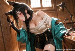 hoshimi_miyabi zenless_zone_zero ai_generated kermixx 1girl solo long_hair breasts blush open_mouth bangs skirt large_breasts black_hair red_eyes thighhighs gloves long_sleeves animal_ears cleavage bare_shoulders collarbone braid sidelocks cowboy_shot sweat pleated_skirt open_clothes day tongue black_gloves elbow_gloves black_thighhighs indoors tongue_out miniskirt fingerless_gloves black_skirt off_shoulder collar sweater zettai_ryouiki coat animal_ear_fluff book window single_braid saliva half-closed_eyes sunlight hair_over_shoulder light_particles extra_ears saliva_trail lamp white_sweater off-shoulder_sweater cable_knit aran_sweater