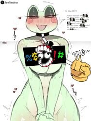 1boy 1girl 1girl1boy accessory amphibian bedroom_eyes big_breasts blush blush_lines blushing boobs_pressed bowtie caine_censorship censored child_bearing_hips collar dialogue dirty_talk eyeshadow female_focus frog frog_girl glitch_productions glove gloves heart heart-shaped_pupils heart_eyes hearts horny horny_female jaerealms jax_(the_amazing_digital_circus) kinky leash leash_and_collar leash_pull lust lustful_gaze naked naked_female nude nude_female pressing_breasts_together ribbit_(the_amazing_digital_circus) slutty_female straight tadc_censor_bar text the_amazing_digital_circus thirsty wide_hips
