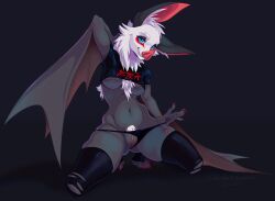 2025 4_toes 5_fingers absurd_res anthro artist_collaboration bat bat_nose black_background black_body black_clothing black_panties black_underwear blue_eyes breasts claws clothing clothing_pull crop_top dated digital_media_(artwork) facial_markings feet female finger_claws fingers fur genitals head_markings hi_res hip_dips kneeling legwear looking_at_viewer mammal markings medium_breasts midriff narrowed_eyes navel navel_piercing panties panty_pull piercing pubes shirt signature simple_background slayer_(band) small_waist smile smiling_at_viewer solo spagootz stockings toe_claws toes topwear torn_clothing torn_legwear torn_stockings under_boob underwear underwear_pull vulva white_body white_fur winged_arms wings zibeline