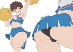 1boy ai_assisted ai_generated armpits arms_up ass ass_focus big_ass big_butt bratinni bulge butt cheerleader cheerleader_uniform clenched_teeth femboy multiple_views navel otoko_no_ko panties short_hair skirt smile solo standing_on_one_leg thick_thighs thighs wink