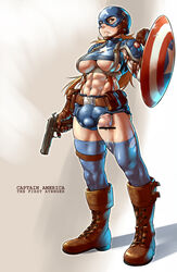 1futa abs belt blonde_hair boots breasts brown_eyes bulge captain_america censored cumdrip futa_only futanari gloves gun intersex m1911 marvel mask mikoyan muscles muscular muscular_futanari navel penis pistol precum rule_63 shield solo weapon