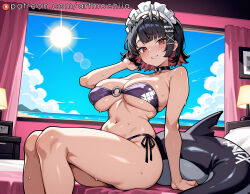 1girl breasts swimsuit bikini black_hair solo looking_at_viewer red_eyes side-tie_bikini_bottom large_breasts short_hair lamp sitting navel maid_headdress smile choker indoors multicolored_hair red_hair o-ring bangs cleavage bare_shoulders black_choker hair_ornament thighs purple_bikini day strapless_bikini on_bed sweat o-ring_bikini stomach sun bare_arms blush parted_lips wet bed sky window feet_out_of_frame two-tone_hair pillow bedroom cloud strapless blue_sky curtains collarbone blunt_bangs artmochiia ai_generated zenless_zone_zero mihoyo hoyoverse ellen_joe voluptuous voluptuous_female big_breasts fanart curvaceous curvaceous_female curvaceous_figure curvy curvy_figure female female_focus uncensored