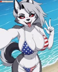 1female 1girls ai_generated aindroidparanoid alternate_version_available american_flag_bikini anthro beach beachside beautiful big_breasts bikini breasts canid canine canis demon demon_girl ear_piercing ears female furry furry_only goth goth_girl grey_body grey_fur grey_hair hellhound helluva_boss high_resolution highres hires long_hair looking_at_viewer loona_(helluva_boss) multicolored_fur mythological_canine mythological_creature mythology ocean open_mouth open_smile outdoors outside peace_sign red_sclera sand sea selfie sexy sharp_teeth silver_hair smile smiling smiling_at_viewer swimsuit swimwear tagme tail teeth tongue tongue_out two-piece_swimsuit two-tone_body two-tone_tail two_tone_fur vivienne_medrano vivziepop water white_body white_eyes white_fur wolf wolf_girl wolf_humanoid wolf_tail