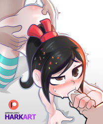1girl 2boys all_fours artist_name ass black_hair blush brown_eyes cum cum_in_mouth doggystyle double_penetration fellatio food green_thighhighs group_sex hair_ribbon half-closed_eye harkart hetero long_hair looking_up mmf_threesome multiple_boys nude oral patreon_logo patreon_username penis petite ponytail red_ribbon ribbon sex sex_from_behind solo_focus spitroast striped_clothes striped_thighhighs sweat thighhighs threesome trembling uncensored uneven_eyes vaginal vanellope_von_schweetz wreck-it_ralph