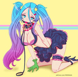 1girls 2017 all_fours arcade_series arcade_sona ball_gag black_crop_top black_skirt blue_eyes blue_hair bondage bra breasts cleavage collar crop_top female female_only gag gagged hair_ornament hand_under_clothes hand_under_skirt high_heels large_breasts league_of_legends leash lilith-fetish long_hair looking_at_viewer masturbation midriff multicolored_hair necklace pearl_necklace pink_bra purple_hair skirt slave solo sona_buvelle thigh_strap twintails