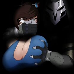 1boy 1girls big_breasts breast_grab brown_hair covering_mouth gabriel_reyes glasses huge_breasts kidnapping large_breasts light-skinned_female light_skin mei_(overwatch) meme meme_reference overwatch reaper weener72