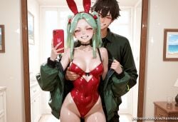 rebecca_(edgerunners) ai_generated kermixx cyberpunk:_edgerunners 1girl long_hair breasts blush smile black_hair 1boy holding animal_ears bare_shoulders twintails medium_breasts jacket hetero green_hair choker indoors off_shoulder rabbit_ears grin leotard shiny_skin covered_navel tattoo fake_animal_ears highleg black_choker grabbing phone playboy_bunny breast_grab cellphone smartphone highleg_leotard colored_sclera reflection holding_phone mirror green_jacket red_leotard red_sclera neck_tattoo artificial_eye mechanical_eye