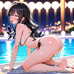 1girl long_black_hair bikini large_breasts ass_focus white_fluid pool night sweat blush tongue_out ai_generated patreon bokarts