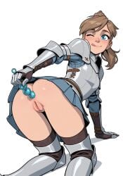 1girls ai_generated anal_beads anal_beads_in_ass anal_beads_pull angela_(doodlepoodle) angela_hawthorne aqua_anal_beads armor armored_female ass ass_focus bent_over blonde_hair blue_eyes blush female_knight freckles knight no_panties plate_armor ponytail skirt tagme tales_from_the_tables