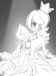 2girls black_and_white breasts crossover female female_only fi human looking_back mario_(series) multiple_girls nintendo nipple_sucking oddrich princess_rosalina skyward_sword the_legend_of_zelda yuri