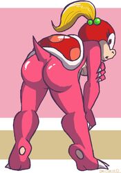 1girls ass blonde_hair bubble_ass bubble_butt butt claws dat_ass doncorneo female female_only looking_at_viewer looking_back mario_(series) nintendo pink_body pink_skin pom_pom_(mario) ponytail red_eyes red_skin shell simple_background solo super_mario_3d_land tail thick thick_thighs thighs tied_hair wide_hips