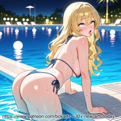 1girl blonde_hair blue_eyes blue_bikini large_breasts ass_focus sweat pool night blush tongue_out ai_generated patreon bokarts