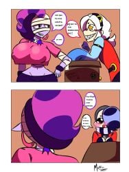 1boy 1futa 1girls 2024 2girls bandaged_arm bandaged_head bandages big_breasts blushing brawl_stars breasts clothing colette_(brawl_stars) confident crop_top cuckold cute_face cutie_mark dialogue ear_piercing earrings edgar_(brawl_stars) emz_(brawl_stars) fully_clothed huge_breasts imminent_sex mummy mummy_wrappings one_arm_up pink_shirt purple_hair sharp_teeth sleeves_past_fingers sleeves_past_wrists spanish_text tied_hair trio white_hair