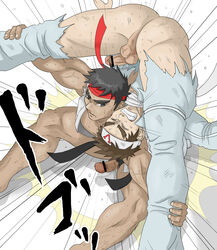 2boys ass balls black_belt black_hair brown_hair capcom censor_bar censored clenched_teeth closed_eyes crossover cyberbots dark_skin erect_penis erection flaccid flaccid_penis gay grey_eyes headband headbands human japanese_text jin_saotome kinniku_buster kurodo_(artist) legs light_skin male male_only multiple_males muscular muscular_male open_shirt penis penis_size_difference pointless_censoring pubic_hair ryu_(street_fighter) simple_background spread_legs street_fighter sweat tagme taint text torn_clothing torn_pants translation_request upside-down upside-down_splits veiny_balls veiny_muscles veiny_penis video_games white_background wrestling