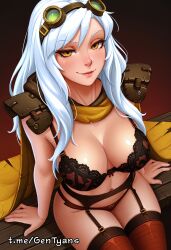1girl breasts underwear solo bra thighhighs goggles long_hair panties looking_at_viewer large goggles_on_head sitting smile cleavage garter_belt black_bra white_hair black_panties navel lips brown_eyes username blush artist_name shoulder_armor armor ai_generated gentyans char:sniper_(dota2)