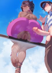 1boy 1girls 2d after_sex after_vaginal anus ass ass_focus asshole back back_view balls bare_arms bare_shoulders barefoot big_ass big_butt big_penis black_hair cum cum_drip curvy dark-skinned_female dark_skin dick dripping elio_(pokemon) english_text erection feet female game_freak gym_leader hat hi_res huge_ass interracial interracial_sex kahuna large_ass light-skinned_male light_skin looking_back male mature_female nintendo olivia_(pokemon) penis pokemon pokemon_sm pokemon_trainer pubic_hair pussy pussy_juice ripped_clothing ripped_pants sex short_hair soles speech_bubble tearing_clothes thiccwithaq thick_thighs thighs toes triangular_anus uncensored