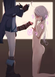 2d bare_ass big_penis blue_clothing blue_eyes boots censored cheating cock_shock comparing comparing_penis crackship darkened_genitalia darkened_penis embarrassed erect_nipples erect_penis exposed_nipples flustered furina_(genshin_impact) genshin_impact horny impressed japanese_text kneeling mika_(genshin_impact) naked naked_female netorare nipples penis pulled_down_pants small_breasts small_male smaller_male surprised text two-tone_hair