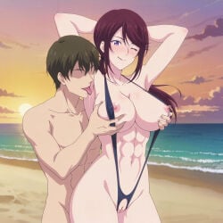 1male1female abs acchan_(megami_no_kafeterasu) ai_generated almost_naked almost_nude arms_behind_head arms_up beach_background beach_sex big_breasts bikini blush blushing exposed_nipples exposed_pussy female_abs fit_female grope grope_from_behind groping groping_breasts groping_from_behind hi_res high_resolution highres licking_armpit light-skinned_female megami_no_kafeterasu nipples_out one_eye_closed spairk1313 string_bikini sunset v_bikini