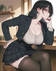 2d ai_assisted annoyed annoyed_expression annoyed_face aosiai123 artist_request asian asian_female bare_thighs big_breasts black_hair bossy_look cleavage cleavage_cutout crossed_legs earrings large_breasts looking_at_viewer nail_polish oc open_jacket painted_fingernails painted_nails sitting sitting_on_chair skirt stockings tanktop teenage_girl teenager thick_thighs wide_hips