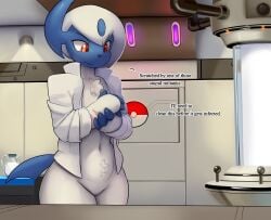 2026 absol anthro anthrofied biped blue_body bottomless bottomless_anthro bottomless_male chest_tuft clothed clothing crotch detailed_background dialogue english english_text fur generation_3_pokemon hair injured injury inside male male_absol multicolored_body nintendo ozoneserpent pokemon pokemon_(species) pokemorph pupils red_eyes scar shirt solo standing tail text thick thick_thighs topwear topwear_only tuft two-tone_body unbuttoned_shirt white_body white_fur white_hair