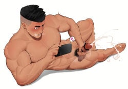 1boy abs absurd_res armpit_hair balls bara beefy biceps big_glans big_penis black_hair blush breasts broad_shoulders cellphone censor_bar censored censored_penis collarbone completely_nude cum cum_drip cum_explosion cum_fountain cum_on_penis cum_splatter cum_string cum_trail daddy dark_penis dilf ejaculation erection excessive_cum foreskin foreskin_folds full_body gay grey_background grey_eyes hi_res holding_penis holding_phone hunk intense_orgasm kansuke_(kansuke_717) looking_at_phone lying lying_on_side male male_only manly masturbation mature_male moobs muscles muscular muscular_arms muscular_legs muscular_male muscular_neck muscular_thighs navel nude orgasm original original_character panting pecs penis pointless_censoring pubic_hair quadriceps retracted_foreskin semen shaved_side short_hair six_pack smartphone solo steam steamy_breath sticky_cum sweat sweatdrop sweating sweaty thick thick_arms thick_cum thick_eyebrows thick_legs thick_penis thick_thighs tough_guy triceps uncircumcised uncut veiny_arms veiny_penis very_high_resolution watching_porn white_background yaoi