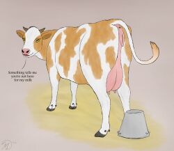 anatomically_correct anatomically_correct_genitalia anatomically_correct_vulva animal_genitalia animal_vulva anus bovid bovine bovine_genitalia bovine_vulva brown_spots bucket butt cattle container dialogue female feral fur genitals hi_res hooves horn looking_at_viewer maklykan mammal milk milk_bucket milk_container open_mouth pink_genitals presenting presenting_hindquarters solo spots tail teats udders vulva white_body white_fur yellow_eyes