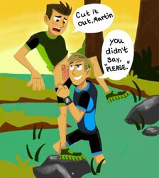 2boys blonde_hair blue_eyes brothers brown_eyes brown_hair chris_kratt erection exposed_penis fraternity incest leg_up male_only martin_kratt shorts_down shorts_pull tagme undressing verbal wild_kratts