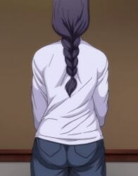 1girl 2020 20s animated animated_gif anime_screenshot ass ass_shake braid bunnywalker close-up denim from_behind jeans long_hair long_sleeves mature_female miyajima_tsubaki pants saimin_seishidou single_braid standing t-rex_(animation_studio) washing_dishes blue_hair braided_ponytail third-party_edit stitched 1girls female