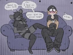 anthro bell bell_collar betting black_bottomwear black_clothing black_collar black_jeans black_legwear black_panties black_pants black_shirt black_t-shirt black_thigh_highs black_topwear black_underwear blush bottomwear bulge clothing collar critter_(critteremitter) critteremitter denim denim_bottomwear denim_clothing dialogue duo ear_piercing ear_stud foot_on_bulge footwear fur gynomorph gynomorph/male hair hair_over_eyes hi_res intersex intersex/male jeans legwear male mammal murid murine panties pants piercing profanity rat rodent shirt shoes sneakers speech_bubble t-shirt tan_body tan_fur thigh_highs topwear travis_(critteremitter) underwear wearing_collar