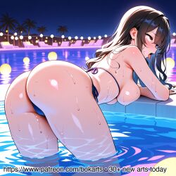 1girl long_black_hair blue_bikini large_breasts ass_focus white_fluid pool night sweat blush tongue_out ai_generated patreon bokarts