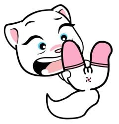 absurd_res alpha_channel anthro anus blue_eyes blush butt clothed clothing domestic_cat felid feline felis female footwear fur genitals hi_res mammal partially_clothed pink_clothing pink_footwear pink_socks presenting presenting_anus presenting_vulva scared socks solo surprised tail talking_angela talking_tom_and_friends talking_tom_and_friends_minis vulva white_body white_fur