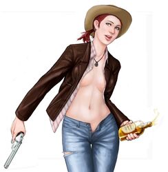 1girls alcohol bottle casual clothing english_text fallout fallout_new_vegas female female_only firearm handgun headwear human neckwear open_clothes open_outerwear outerwear pale_skin pubic_hair_peek revolver rose_of_sharon_cassidy solo solo_female tagme text weapon