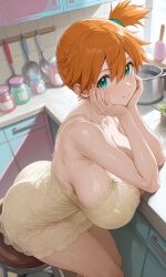 kasumi_(pokemon) misty_(pokemon) pokemon ai_generated alternative_costume asymmetrical_hair bare_arms bare_shoulders clothing dress hair_between_eyes lingerie nightgown ponytail see-through side_ponytail sleepwear tied_hair underwear yellow_dress alternative_bust_size aqua_eyes ass blush breasts busty clavicle cleavage female green_eyes huge_breasts large_breasts orange_hair short_hair sideboob thighs closed_mouth elbow_rest hands_on_own_cheeks hands_on_own_face head_rest leaning_forward sitting smile