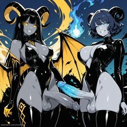 ai_generated oc original_character original_characters meimeg futanari 2futas big_breasts big_boobs huge_breasts huge_boobs large_breasts large_boobs large_penis large_cock large_balls huge_penis huge_cock huge_balls big_penis big_cock big_balls erection futa_only demon demon_horns demon_wings succubus succubus_horns succubus_wings yellow_horns black_horns yellow_wings leotard latex_leotard latex_clothing latex plunging_neckline yellow_eyes blue_eyes glowing_eyes gray_skin grey_skin smiling sharp_teeth gloves latex_gloves stockings latex_stockings fire