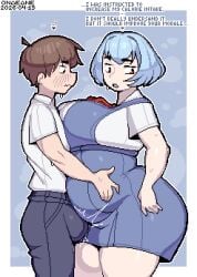 1boy 1girl ass ayanami_rei breasts curvy dated erection huge_ass huge_breasts neon_genesis_evangelion onaeane plump red_eyes rei_ayanami school_uniform shinji_ikari signature sweat thick thick_ass thick_thighs weight_conscious