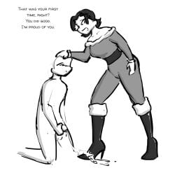 1boy 1girls 2d ass black_and_white boot_fetish boots breasts celera_prime dominant_female dominatrix english english_text female femdom femdom_caption foot_fetish footwear gentle_femdom gentle_mommy high_heel_boots high_heels leather leather_boots long_legs male milf mimi_(celera_prime) monochrome older_female older_female_and_younger_male original original_character original_characters patent_boots shiny_boots shoe_fetish shoes short-haired_female short_hair submissive_male tight_clothes bootjob shoejob footjob cum_on_boots cum cumshot jerking jerkingoff jerking_off waist_belt bodysuit catsuit christmas christmas_outfit christmas_clothing cfnm clothed_female_nude_male praise praise_kink