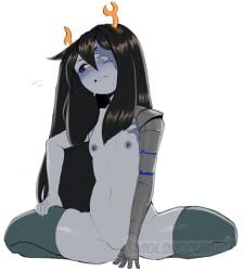 1girl 1girls alien alien_girl alien_humanoid artist_name bionic_arm biting_lip biting_own_lip black_hair blue_eyes breasts breasts_out convenient_censoring female female_only gray_body gray_nipples gray_skin hair hand_on_thigh hi_res high_resolution highres homestuck homestuck_troll horns humanoid_hands laying_down legwear legwear_only long_hair looking_away mechanical mechanical_arm ms_paint_adventures nipple_piercing nipples on_knees open_mouth orange_horns petite petite_body petite_breasts petite_female pierced_nipples piercing piercings prosthetic prosthetic_arm prosthetic_limb simple_background sitting small_breasts smolsuccubus solo solo_female sweat sweatdrop sweating thighhighs thighs toned toned_female very_long_hair vriska_serket watermark white_background yellow_sclera