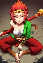 1girl breasts solo red_eyes sitting smile tail short_hair medium looking_at_viewer cleavage weapon bandaged_chest monkey monkey_girl dota_2 gentyans ai_generated char:monkey_king_(dota2)