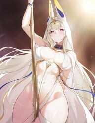1girl ancient_egyptian_clothes animal_ears azur_lane bracelet commentary cross-shaped_pupils elias2art english_commentary eyeliner gold_bracelet highres holding holding_scythe jackal_ears jewelry makeup multiple_bracelets neck_ring purple_eyeliner red_eyes revealing_clothes scylla_(a_maid's_judgment)_(azur_lane) scylla_(azur_lane) scythe solo symbol-shaped_pupils usekh_collar white_hair