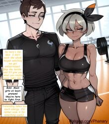 phanary patreon patreon_username patreon_link absurdres aesthetic ai_generated anime anime_style blurred_background comic comic_page comic_panel comic_strip cover_page dialogue digital_art digital_painting english high_quality highres line_art long_comic manga_style multiple_panels soft_shading speech_bubble 1girls 1girl 1female solo_focus big_breasts huge_breasts large_breasts big_ass large_ass bubble_butt bubble_ass thick curvy curvy_figure curvy_female curvy_body curvy_hips curvy_thighs sexy sexy_pose sexy_body sexy_female beautiful beautiful_girl beautiful_female cute cute_face slut bitch 2026 blush blushing blush_lines blushing_female text text_bubble text_box text_focus english_text english_dialogue game_freak nintendo pokemon pokemon_sm pokemon_ss pokemon_swsh gym_leader player_character pokemon_trainer victor_(pokemon) pokemon_sv bea_(pokemon) breasts smile short_hair blue_eyes shirt brown_hair 1boy navel hair_between_eyes closed_mouth cleavage bare_shoulders standing collarbone grey_hair short_sleeves hetero thighs hairband shorts pants indoors midriff dark_skin looking_at_another dark-skinned_female black_shirt looking_to_the_side grey_eyes short_shorts shiny_skin muscular black_pants black_shorts abs arms_behind_back black_hairband web_address alternate_breast_size toned sports_bra aged_up sportswear muscular_female black_sports_bra bow_hairband gym_shorts exercise gym dumbbell