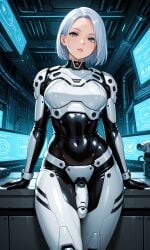 ai ai_generated android big_breasts blue_eyes blue_hair computer_monitor futanari inside original_character penis penis_out robot_futa robot_humanoid robotic_penis short_hair tilted_head video_camera white_hair