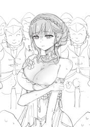 1girl 1girls 2d 6+boys age_difference areola areola_slip areolae big_breasts braid bulge collar dancer dancer_(three_houses) dancer_outfit erection erection_under_clothes fire_emblem fire_emblem:_three_houses imminent_rape imminent_sex intelligent_systems looking_down marianne_von_edmund marianne_von_edmund_(serene_adherent) monochrome multiple_boys nervous nervous_sweat nintendo older_male older_male_and_younger_female scared smile smiley_face surrounded surrounded_by_men teenage_female teenage_girl teenager uncomfortable user_asdh4524 younger_female