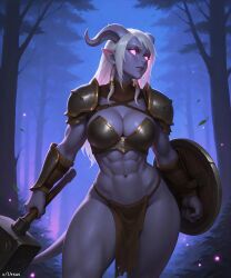 artas9972 ai_generated draenei warcraft world_of_warcraft forest armor weapon shield glowing_eyes horns pointy_ears muscular pelvic_curtain bra wide_hips