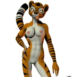 1girls 3d abs alpha_channel anthro breasts kung_fu_panda large_breasts master_tigress nipples nude orange_fur pussy red_eyes solo tail tiger transparent_background unrealfox