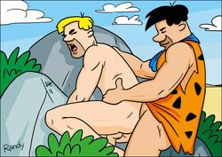 2boys against_rock anal anal_penetration anal_sex backsack barney_rubble black_hair blonde_hair bottomless closed_eyes cmnm duo flaccid_while_penetrated fred_flintstone from_behind gay hanna-barbera male male_only mouth_open nude outside penis penis_in_ass shirt_up sitting_on_penis slightly_chubby the_flintstones