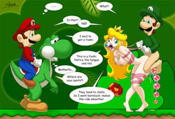 anal_beads bondage breasts brown_hair color facial_hair female femsub gag gagged hair hat human human_pet interspecies luigi male maledom mario mario_(series) moustache multiple_males nintendo nipples open_mouth_gag petgirl petplay ponygirl ponyplay princess_peach ribbon_bondage ring_gag selrock side_view super_mario_world yoshi